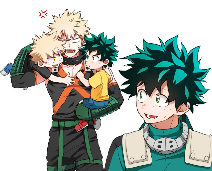 4boys anger_vein angry aqua_bodysuit aqua_hair baggy_pants bakugou_katsuki bare_shoulders belt black_mask black_pants black_shirt black_tank_top blank_eyes blonde_hair blue_footwear blue_shorts blush boku_no_hero_academia carrying carrying_over_shoulder carrying_person cel_shading child_carry detached_sleeves eye_mask freckles gloves gradient_hair green_belt green_eyes green_gloves hair_between_eyes hand_on_another's_chest hands_up highres hodu_(hodumha) korean_commentary looking_at_another looking_back looking_to_the_side looking_up lower_teeth_only male_child male_focus mask mask_around_neck midoriya_izuku multicolored_hair multiple_boys open_mouth pants parted_lips pocket raised_eyebrows red_eyes red_footwear sanpaku shirt shoe_soles short_eyebrows short_hair short_sleeves shorts sideways_glance sideways_mouth simple_background sleeveless smile snap-fit_buckle spiky_hair t-shirt tank_top teeth time_paradox turning_head v-neck white_background wrist_guards x yellow_shirt