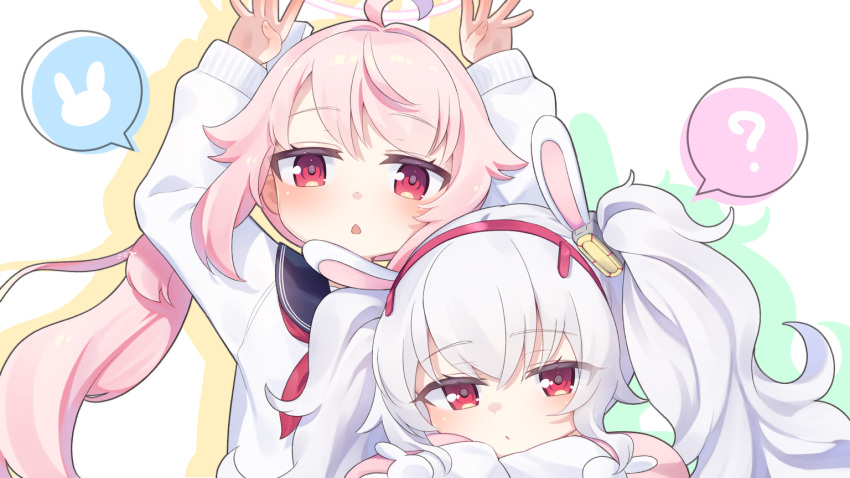 2girls ? ahoge animal_ears arms_up artist_name azur_lane blue_archive blue_sailor_collar blush cardigan commentary_request fake_animal_ears hairband kokone_(coconeeeco) laffey_(azur_lane) making-of_available multiple_girls naganawa_maria natsu_(blue_archive) neckerchief paid_reward_available parted_lips pink_eyes pink_hair pink_hairband pink_neckerchief rabbit_ears rabbit_pose sailor_collar side_ponytail speech_bubble spoken_animal spoken_question_mark twintails upper_body voice_actor_connection white_cardigan white_hair