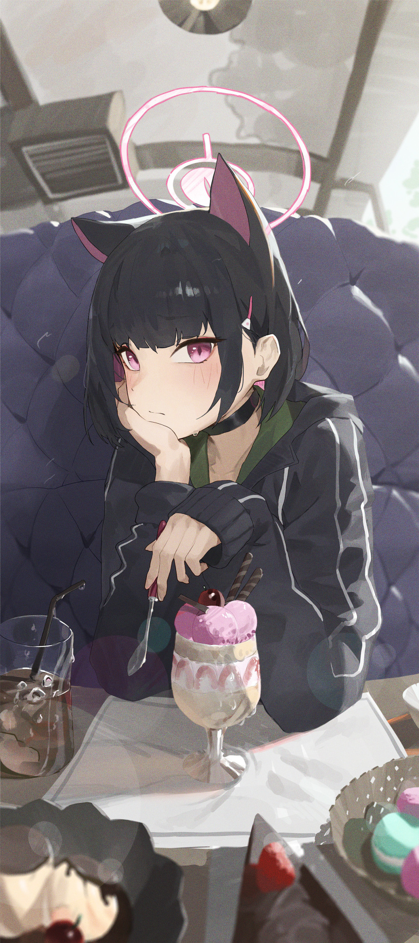 1girl absurdres animal_ears black_choker black_hair black_jacket blue_archive cake cake_slice cat_ears choker colored_inner_hair dessert extra_ears food halo hand_on_own_cheek hand_on_own_face highres hood hooded_jacket jacket kazusa_(blue_archive) kji_(rozo) looking_at_viewer macaron multicolored_hair parfait pink_hair pudding restaurant sitting solo two-tone_hair