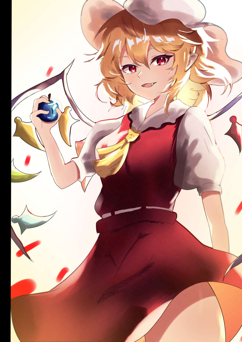 1girl absurdres apple ascot blonde_hair blue_apple breasts chirihouki fang flandre_scarlet food from_below fruit hair_between_eyes hat highres holding holding_food holding_fruit looking_at_viewer medium_hair mob_cap multicolored_wings open_mouth pointy_ears puffy_short_sleeves puffy_sleeves red_eyes red_skirt red_vest shirt short_sleeves skirt skirt_set small_breasts solo touhou vest white_headwear white_shirt wings yellow_ascot