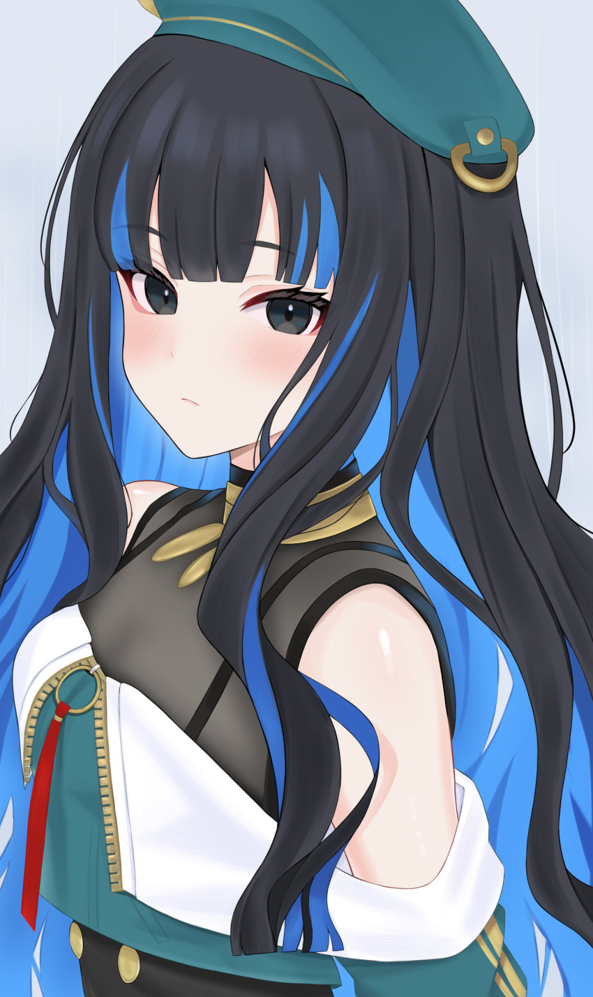 1girl absurdres bare_shoulders black_eyes black_hair blue_hair blunt_bangs closed_mouth colored_inner_hair fate/grand_order fate_(series) green_headwear hat highres jacket long_hair looking_at_viewer multicolored_hair off_shoulder simple_background solo tenochtitlan_(fate) tenochtitlan_(second_ascension)_(fate) upper_body wavy_hair wennananyan white_background