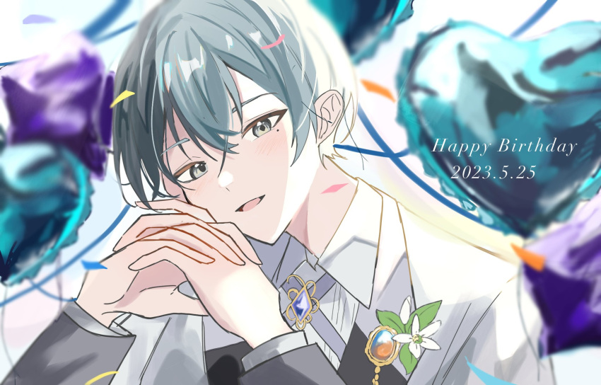 1boy 555_kko aoyagi_touya balloon blue_hair brooch collared_shirt commentary_request confetti cross_tie dark_blue_hair dated flower grey_eyes happy_birthday heart_balloon highres jewelry leaf long_sleeves looking_at_viewer male_focus mole mole_under_eye multicolored_hair open_mouth own_hands_clasped own_hands_together project_sekai shirt solo split-color_hair two-tone_hair upper_body white_flower