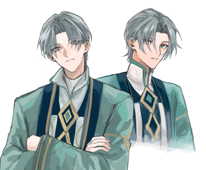 14fho 1boy alhaitham's_father_(genshin_impact) aqua_eyes arched_bangs artist_name closed_mouth collared_shirt crossed_arms eyes_visible_through_hair fingernails genshin_impact gold_trim green_jacket green_trim grey_hair hair_over_eyes highres jacket long_sleeves looking_at_viewer loose_clothes loose_shirt male_focus mandarin_collar parted_bangs shirt short_hair twitter_username white_background