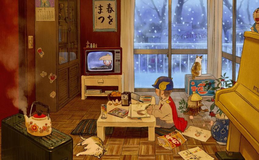 1986 1boy animal book cabinet calendar_(object) cape cat commentary crayon damachitanu doraemon doraemon_(character) highres holding holding_pencil indoors instrument living_room looking_to_the_side moomin on_floor original pencil piano plant red_cape steam table teapot television vase window winter