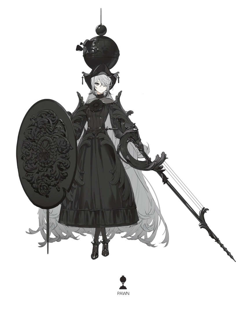 1girl absurdres black_dress black_gloves black_headwear chess_piece dress english_text eyelashes full_body gloves grey_eyes grey_hair hair_over_one_eye high_collar highres holding holding_shield holding_sword holding_weapon impossible_clothes kieed long_hair long_sleeves off-shoulder_dress off_shoulder one_eye_covered original pawn_(chess) puffy_long_sleeves puffy_sleeves shield standing sword very_long_hair weapon white_background
