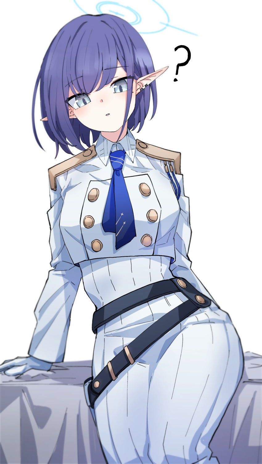 1girl ? absurdres aoi_(blue_archive) arm_support belt blue_archive blue_necktie blush breasts earclip feet_out_of_frame gloves halo high-waist_skirt highres long_skirt long_sleeves looking_at_viewer loose_belt medium_breasts mole mole_under_eye necktie pointy_ears purple_hair ribbed_skirt shirt short_hair sin_seishun sitting skirt solo white_gloves white_shirt