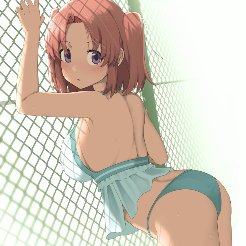 1girl aqua_bikini arched_back ass back bare_shoulders bent_over bikini blush breasts chain-link_fence cowboy_shot dot_nose fence frilled_bikini frills from_side highres large_breasts leaning_forward looking_at_viewer looking_back median_furrow mikakunin_de_shinkoukei parted_lips pink_hair short_twintails solo swimsuit tennosuke_(tejons) twintails violet_eyes water_drop yonomori_kobeni