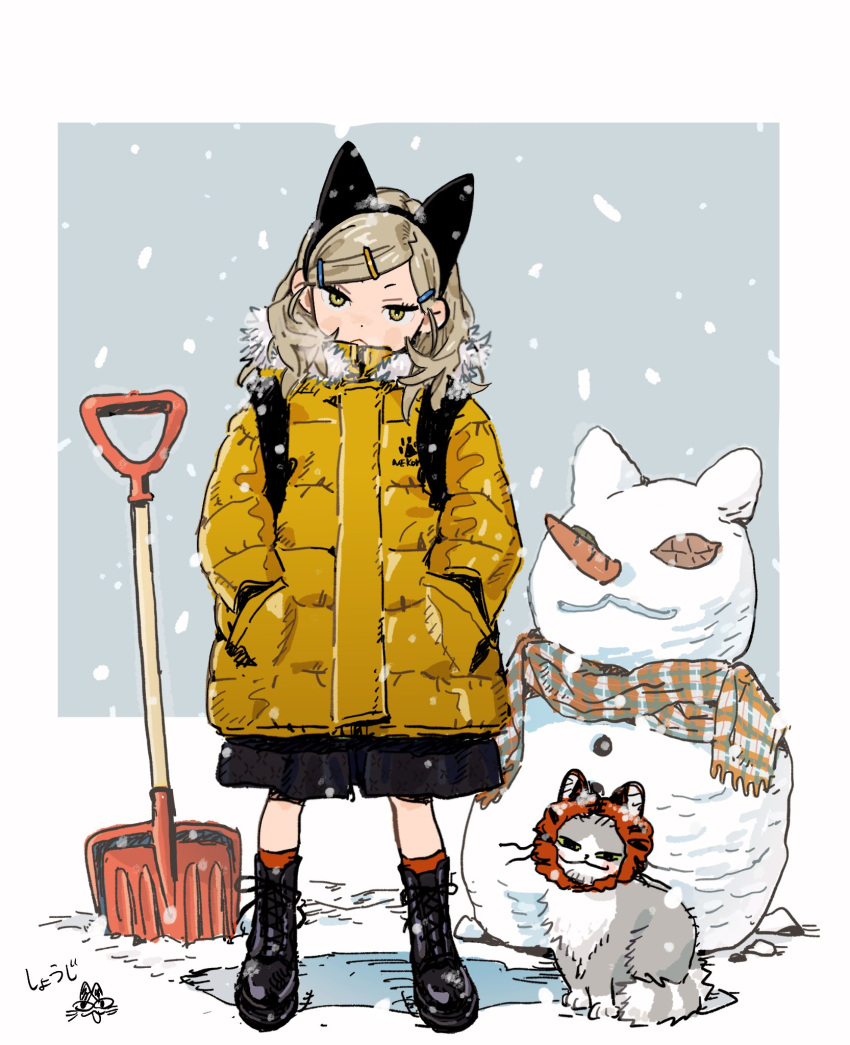 1girl animal animal_ears black_footwear black_hairband black_skirt blonde_hair boots carrot cat cat_ears commentary full_body fusuma_(nohbrk) hair_ornament hairband hairclip hands_in_pockets head_tilt highres jacket looking_at_viewer medium_hair original plaid plaid_scarf scarf shovel skirt snow snowing snowman solo standing symbol-only_commentary winter winter_clothes yellow_eyes yellow_jacket