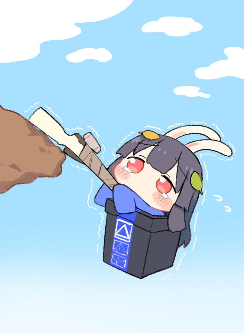1girl animal_ears black_hair blue_archive blue_sky blush_stickers bolt_action chibi commentary_request flying_sweatdrops getting_over_it gun highres hime_cut holding holding_gun holding_weapon in_trash_can leaf leaf_on_head long_sleeves miyu_(blue_archive) mosin-nagant motion_lines parody rabbit_ears red_eyes rifle sky solo tears trash_can trembling urode weapon
