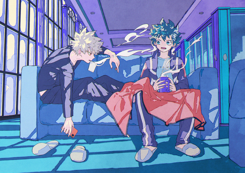 2boys alternate_hair_color aqua_eyes aqua_hair bakugou_katsuki blanket blue_pants blue_shirt blurry blurry_background boku_no_hero_academia bright_pupils ceiling cel_shading chromatic_aberration clothes_writing commentary_request couch cup curly_hair diamond-shaped_pupils diamond_(shape) disposable_cup eyebrows_hidden_by_hair feet_on_chair film_grain fingernails freckles grey_footwear grey_hair hand_up hands_up high_collar highres holding holding_phone in-universe_location indoors jacket leaning_forward ligne_claire long_sleeves looking_at_another looking_to_the_side male_focus midoriya_izuku mouth_hold mug multiple_boys on_couch open_clothes open_jacket open_mouth pants partial_commentary perspective phone profile red_eyes scar scar_on_hand shadow shirt short_hair sidelighting sideways_glance slippers slippers_removed smile souko_(floyd) spiky_hair steam symbol-shaped_pupils t-shirt teeth_hold track_jacket track_pants track_suit u.a._gym_uniform white_pupils window window_shade winter_uniform