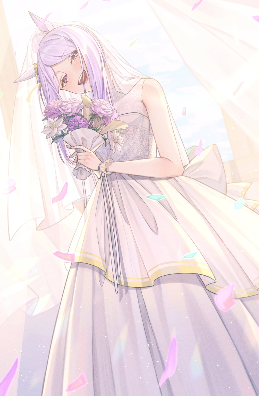 1girl absurdres alternate_costume bare_shoulders bouquet breasts bridal_veil curtains dress ear_covers feet_out_of_frame gloves half-closed_eyes head_tilt highres holding holding_bouquet indoors isana615 long_hair mejiro_mcqueen_(umamusume) open_mouth petals purple_hair sleeveless sleeveless_dress small_breasts smile solo standing umamusume veil violet_eyes wedding_dress white_dress white_gloves window