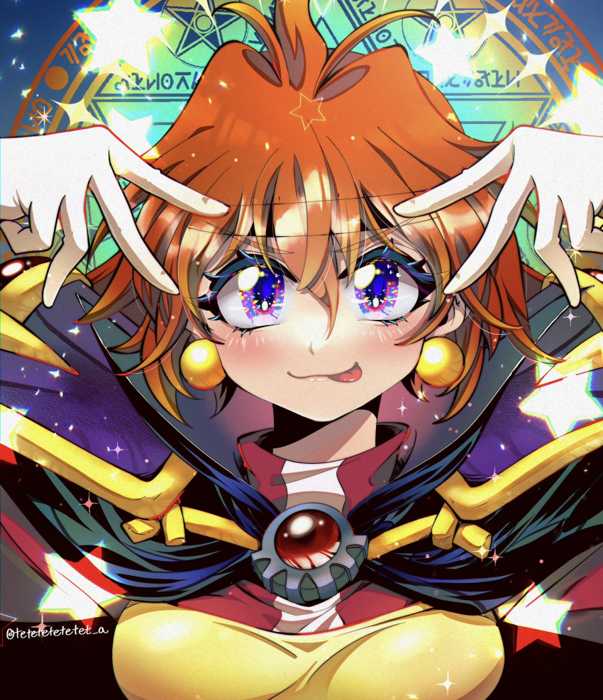 1girl black_cape blush cape double_v earrings gloves hair_between_eyes highres hoshino_ai's_pose ichi_orgin jacket jewelry lina_inverse looking_at_viewer orange_hair oshi_no_ko parody portrait red_jacket slayers solo sparkle star_(symbol) straight-on tongue tongue_out twitter_username v violet_eyes white_gloves yellow_tube_top