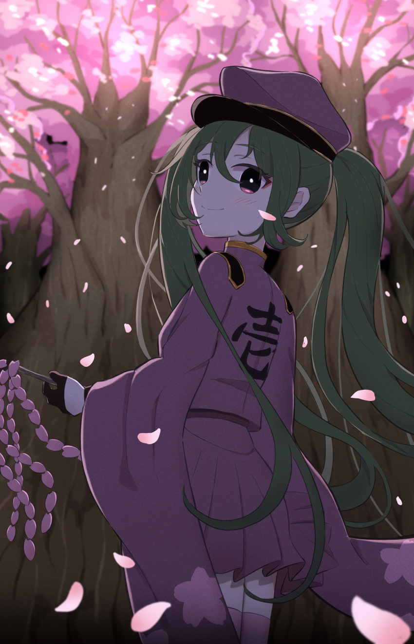 1girl absurdres alternate_hair_color blush cherry_blossoms closed_mouth eyeshadow falling_petals from_behind gloves gohei green_hair half_gloves hat hatsune_miku highres holding holding_gohei japanese_clothes long_hair looking_at_viewer makeup nemo_81612100 oonusa peaked_cap petals pleated_skirt purple_eyeshadow senbon-zakura_(vocaloid) skirt smile solo thigh-highs twintails uniform very_long_hair violet_eyes vocaloid wide_sleeves zettai_ryouiki