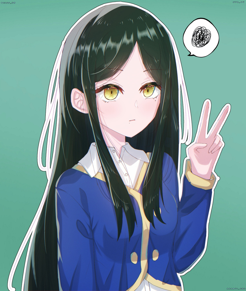 1girl blue_jacket border collared_shirt commentary cropped_jacket dress_shirt green_background green_eyes green_hair highres jacket long_hair long_sleeves mole mole_under_eye mole_under_mouth oshi_no_ko school_uniform shiranui_frill shirt sidelocks simple_background solo spoken_squiggle squiggle upper_body v weiss_rubiaceae white_border white_shirt yellow_eyes youtou_high_school_uniform