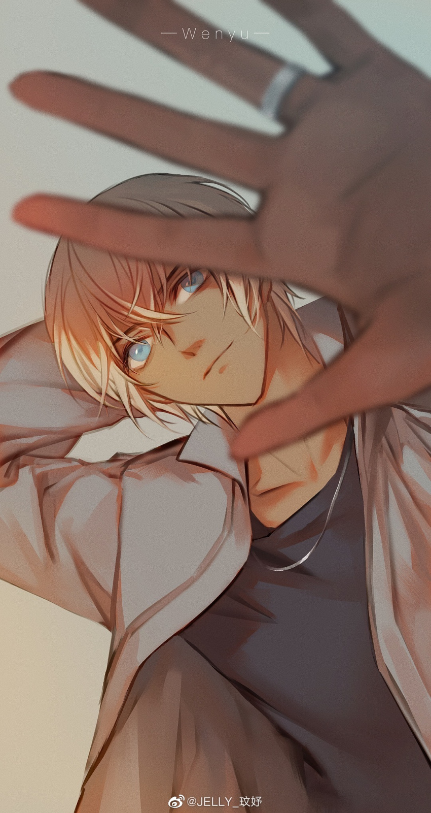 1boy amuro_tooru arm_behind_head arm_up artist_name black_shirt blonde_hair blue_eyes closed_mouth collarbone dark-skinned_male dark_skin depth_of_field hand_up looking_at_viewer male_focus meitantei_conan necklace open_clothes open_jacket ring shirt simple_background solo upper_body watermark