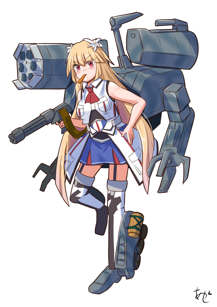 1girl akashieru black_shirt blonde_hair blue_skirt breasts brooklyn_(kancolle) cigar commentary_request full_body garter_straps gun gunhed highres jacket kantai_collection large_breasts long_hair mecha_musume mouth_hold neckerchief red_eyes red_neckerchief shirt simple_background skirt sleeveless sleeveless_jacket solo submachine_gun thigh-highs two-tone_thighhighs undershirt weapon white_background white_jacket white_thighhighs