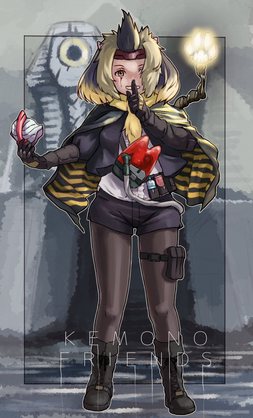 1girl absurdres animal_ears big_hair black_footwear black_hair black_pantyhose blonde_hair boots bottle can cellien_(kemono_friends) cloak commentary_request copyright_name cosplay death_stranding energy_drink facial_mark finger_to_mouth full_body fur_scarf gloves hair_over_one_eye hand_up headband highres holding holding_mask index_finger_raised jacket kemono_friends kemono_friends_3 legs_apart light light_smile looking_at_viewer mandrill_(kemono_friends) mask monkey_ears monster mouth_mask multicolored_hair odradek open_mouth pantyhose pantyhose_under_shorts parody plastic_bottle pouch scarf short_shorts shorts shushing solo_focus standing thigh_pouch thigh_strap title_parody toriny tube yellow_eyes