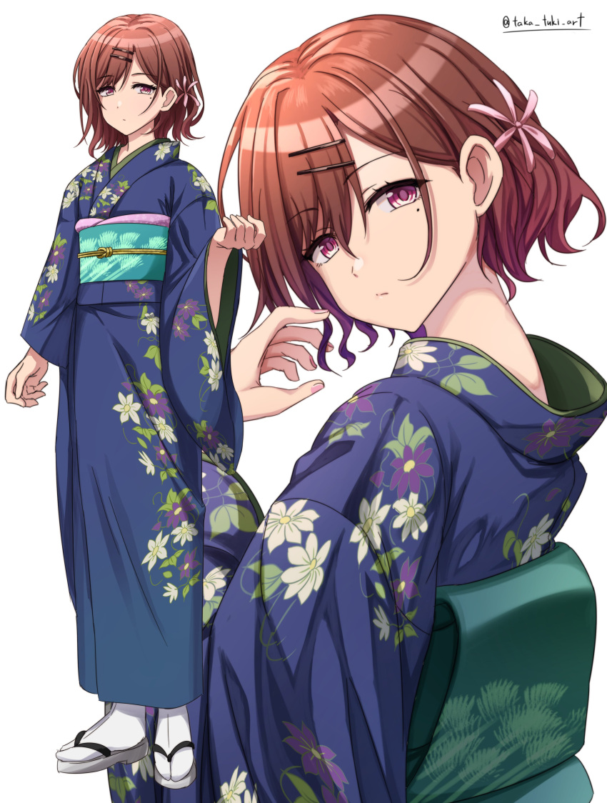1girl absurdres blue_kimono borrowed_clothes brown_hair commentary_request cosplay expressionless eyelashes floral_print flower full_body hair_flower hair_ornament hairpin half-closed_eyes hand_up highres higuchi_madoka idolmaster idolmaster_shiny_colors japanese_clothes kimono long_sleeves looking_at_viewer looking_back mole mole_under_eye multiple_hairpins multiple_views neck obi print_kimono sandals sash short_hair simple_background socks standing tabi takatsuki_p twitter_username upper_body violet_eyes wavy_hair white_background white_socks zouri