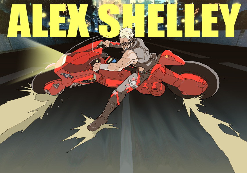 1boy akira akira_slide alex_shelley beard black_hair blonde_hair character_name commentary_request crossover english_text facial_hair goggles grin impact_wrestling kaneda_shoutarou's_bike kyobashi looking_at_viewer male_focus motor_vehicle motorcycle multicolored_hair muscular muscular_male new_japan_pro_wrestling pants parody short_hair smile solo vest wrestler wrestling