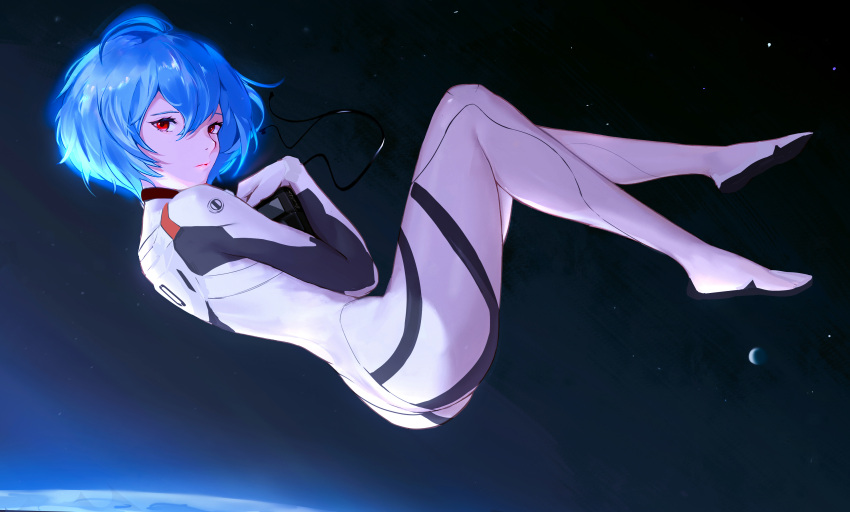 1girl absurdres ayanami_rei blue_hair bodysuit chinese_commentary closed_mouth commentary earphones from_side full_body hair_between_eyes highres neon_genesis_evangelion plugsuit red_eyes short_hair solo user_ewnk8557 white_bodysuit