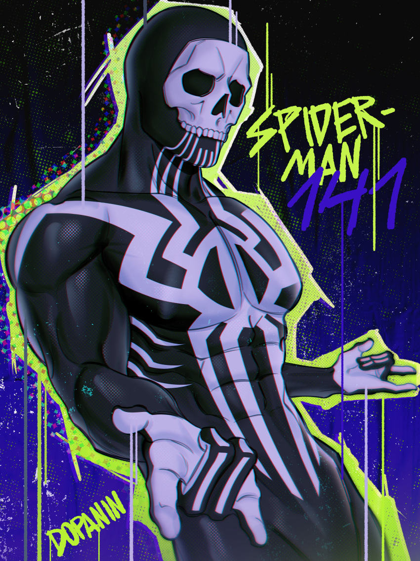 1boy absurdres animal_print artist_name black_bodysuit bodysuit call_of_duty call_of_duty:_modern_warfare_2 character_name cosplay dopanin ghost_(modern_warfare_2) highres large_pectorals male_focus marvel mask muscular muscular_male pectorals skull_mask solo spider-man spider-man:_across_the_spider-verse spider-man_(cosplay) spider-man_(series) spider_print