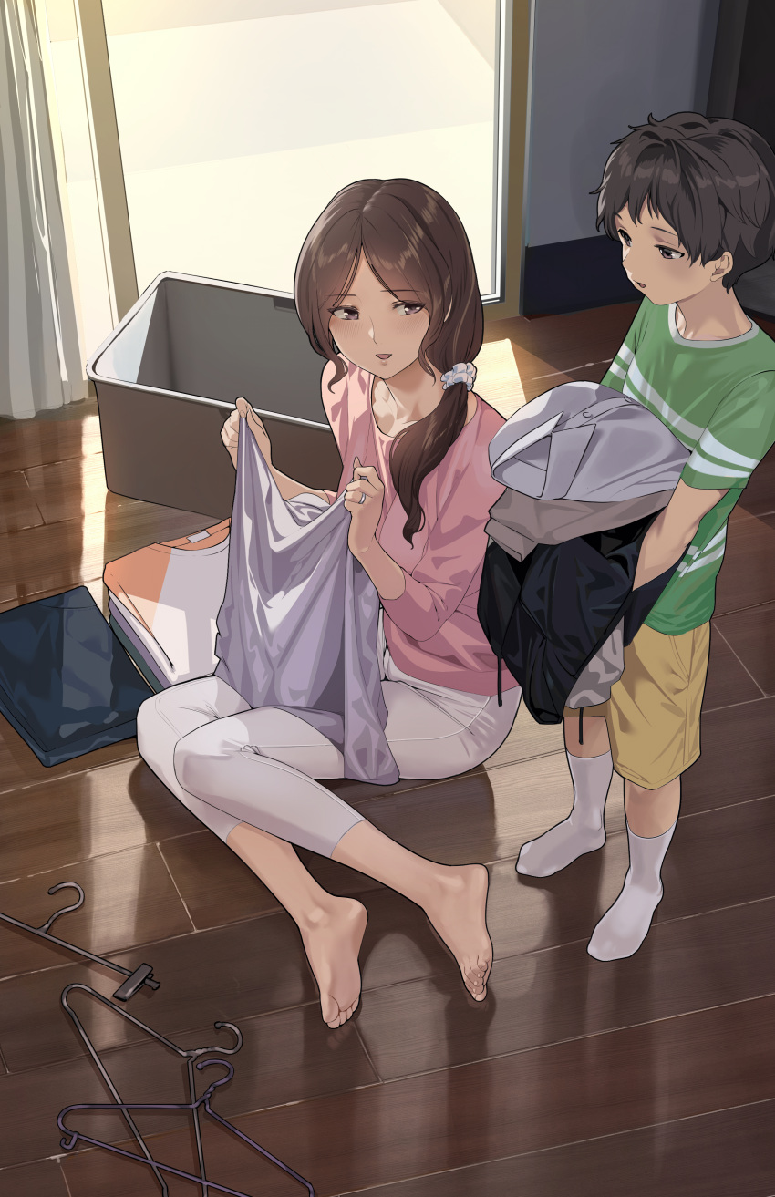 1boy 1girl absurdres barefoot black_eyes black_hair brown_eyes brown_hair eyebrows_hidden_by_hair floor hairband highres holding holding_clothes long_hair looking_at_viewer mature_female mother_and_son open_mouth original pants shirt short_hair side_ponytail sitting smile soles standing toes yewang19