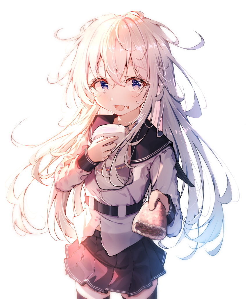 1girl absurdres black_sailor_collar black_skirt black_thighhighs blue_eyes blush cowboy_shot dfd food food_on_face grey_hair hair_between_eyes hat hibiki_(kancolle) highres holding holding_clothes holding_food holding_hat kantai_collection long_hair long_sleeves looking_at_viewer open_mouth pirozhki pleated_skirt sailor_collar sailor_shirt shirt skirt smile solo thigh-highs verniy_(kancolle) white_headwear white_shirt