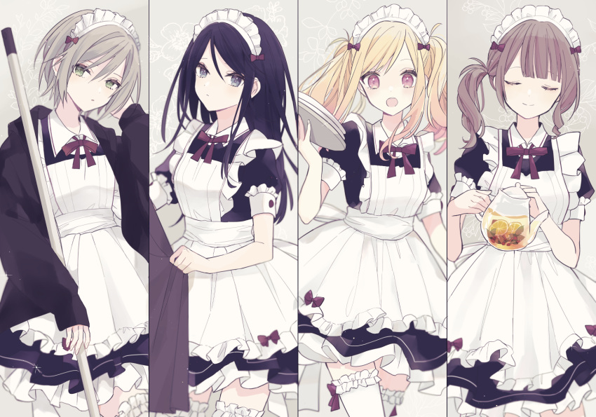 4girls apron black_dress black_jacket blonde_hair broom brown_hair classical_maid_(project_sekai) closed_eyes collared_shirt curtain_grab curtains dress frilled_apron frilled_dress frilled_socks frills funoko gradient_hair grey_eyes hand_on_own_head hand_up highres hinomori_shiho holding holding_broom holding_plate holding_teapot hoshino_ichika_(project_sekai) jacket leo/need_(project_sekai) long_hair looking_at_viewer maid maid_apron maid_headdress mochizuki_honami multicolored_hair multiple_girls neck_ribbon official_alternate_costume open_mouth pink_eyes pink_hair plate project_sekai puffy_short_sleeves puffy_sleeves red_ribbon ribbon shirt short_hair short_sleeves side_ponytail sleeve_cuffs smile socks teapot tenma_saki thigh-highs twintails white_apron white_socks