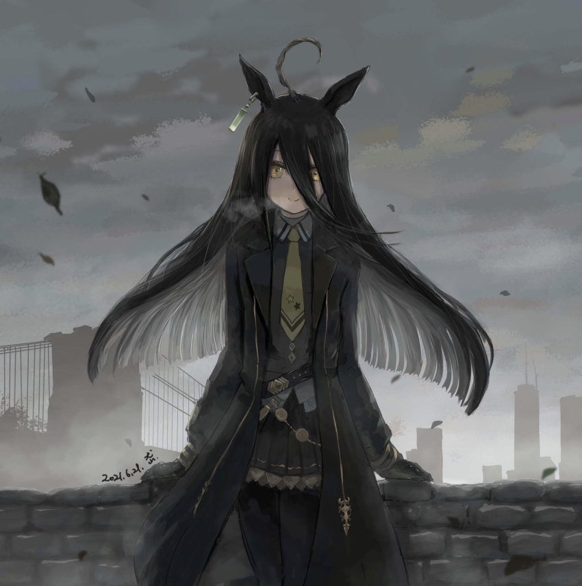 1girl ahoge animal_ears black_coat black_gloves black_hair black_pantyhose black_shirt black_skirt breath brick_wall bridge building closed_mouth clouds cloudy_sky coat collared_shirt commentary_request dated gloves hair_between_eyes highres horse_ears horse_girl inuyamatarou leaf long_sleeves manhattan_cafe_(umamusume) necktie open_clothes open_coat outdoors pantyhose pleated_skirt shirt signature skirt sky skyscraper smile solo umamusume yellow_eyes yellow_necktie