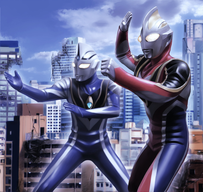 2boys bodysuit building city contrapposto cowboy_shot day fighting_stance giant glowing glowing_eyes male_focus multiple_boys outdoors skin_tight skyscraper standing tokusatsu ultra_series ultraman_agul ultraman_gaia ultraman_gaia_(series) yusao