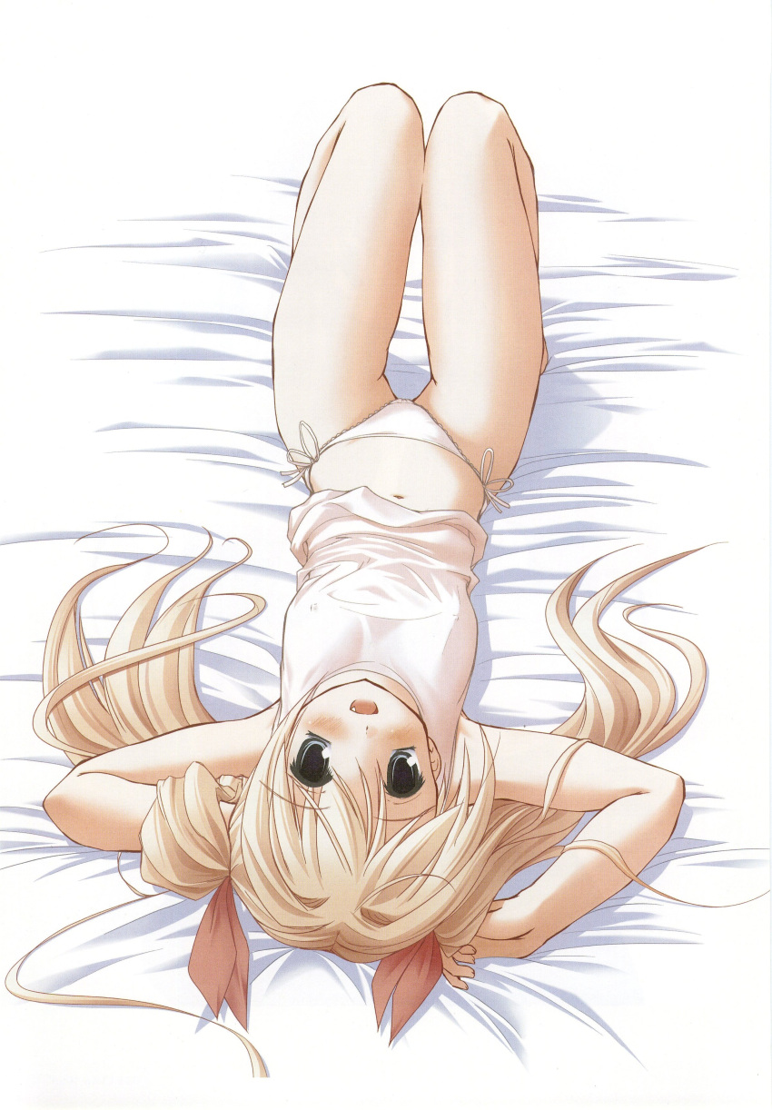 bed blonde_hair blush camisole clover_heart's clover_hearts erect_nipples fang highres long_hair lying midriff mikoshiba_rea nimura_yuuji on_back panties side-tie_panties solo thigh_gap twintails underwear