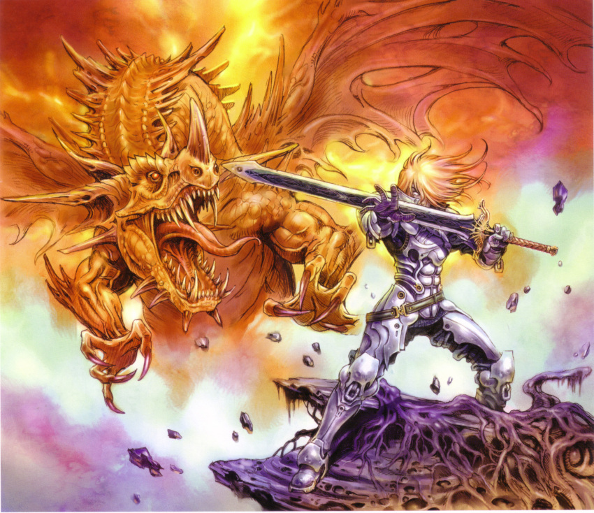 absurdres armor brown_hair dragon epic fantasy fighting_stance huge_sword male sword tongue weapon white_eyes yamashita_shunya