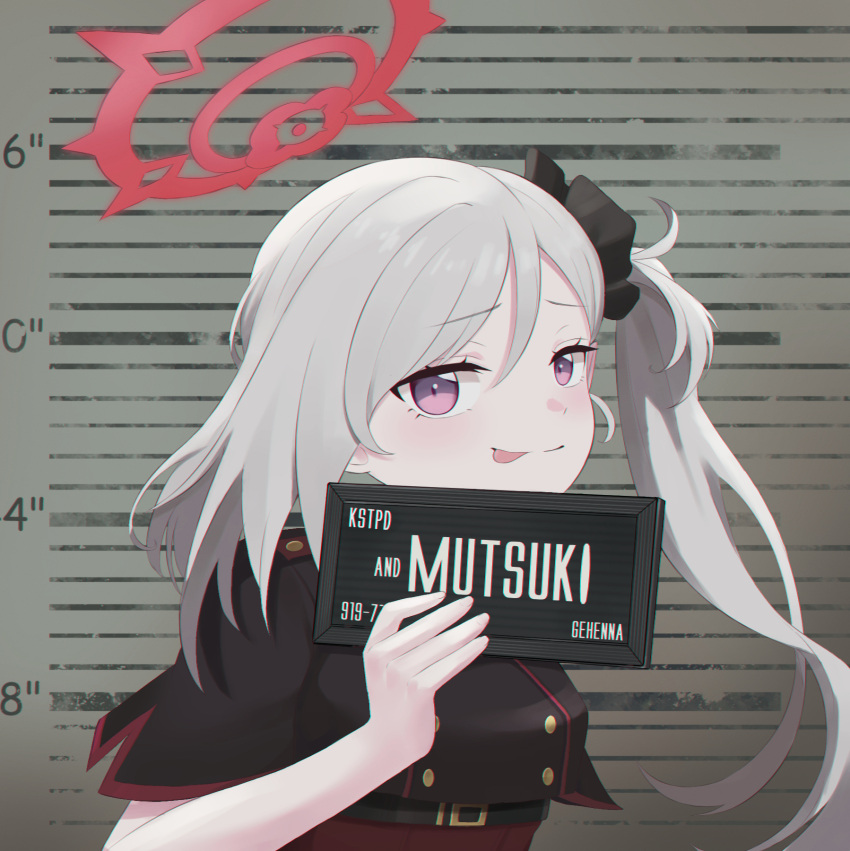 barbie_mugshot_(meme) blue_archive card character_name grey_hair hair_between_eyes hair_ornament hair_scrunchie halo height_chart height_mark highres holding holding_card holding_sign meme mesugaki mugshot mutsuki_(blue_archive) scrunchie side_ponytail sideways_glance sign surprised tongue tongue_out violet_eyes white_hair wide-eyed ziz_(pandora707)