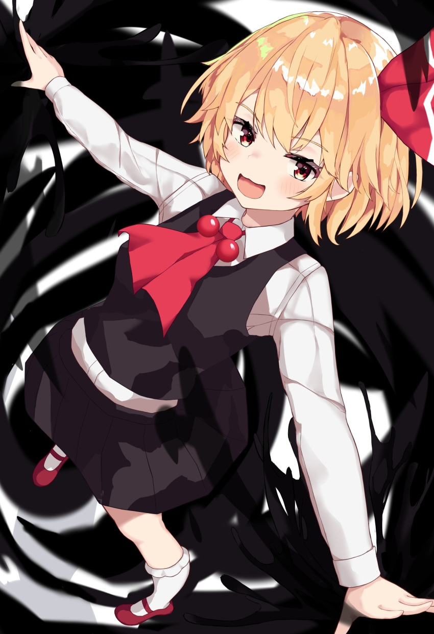 1girl :3 :d ascot black_skirt black_vest blonde_hair blush breasts collared_shirt commentary_request darkness dutch_angle foreshortening full_body hair_ribbon highres kneehighs light_blush long_sleeves looking_at_viewer mary_janes open_mouth outstretched_arms pittopanikku pleated_skirt red_ascot red_eyes red_footwear ribbon rumia shirt shoes short_hair skirt skirt_set small_breasts smile socks solo spread_arms standing touhou vest white_shirt white_socks