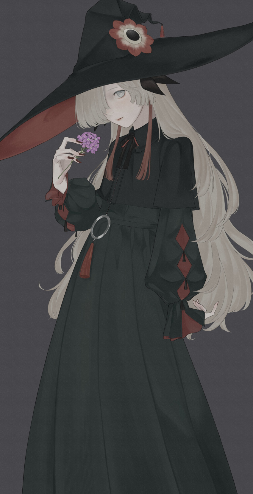 1girl absurdres black_dress black_headwear black_ribbon dress expressionless feet_out_of_frame fingernails flower grey_background grey_eyes grey_hair hair_over_one_eye hat hat_flower highres holding holding_flower isekai_joucho kamitsubaki_studio long_fingernails long_hair long_sleeves looking_at_viewer multicolored_hair neck_ribbon red_nails redhead ribbon simple_background sleeves_past_wrists solo tassel two-tone_hair virtual_youtuber witch witch_hat zudxpnz