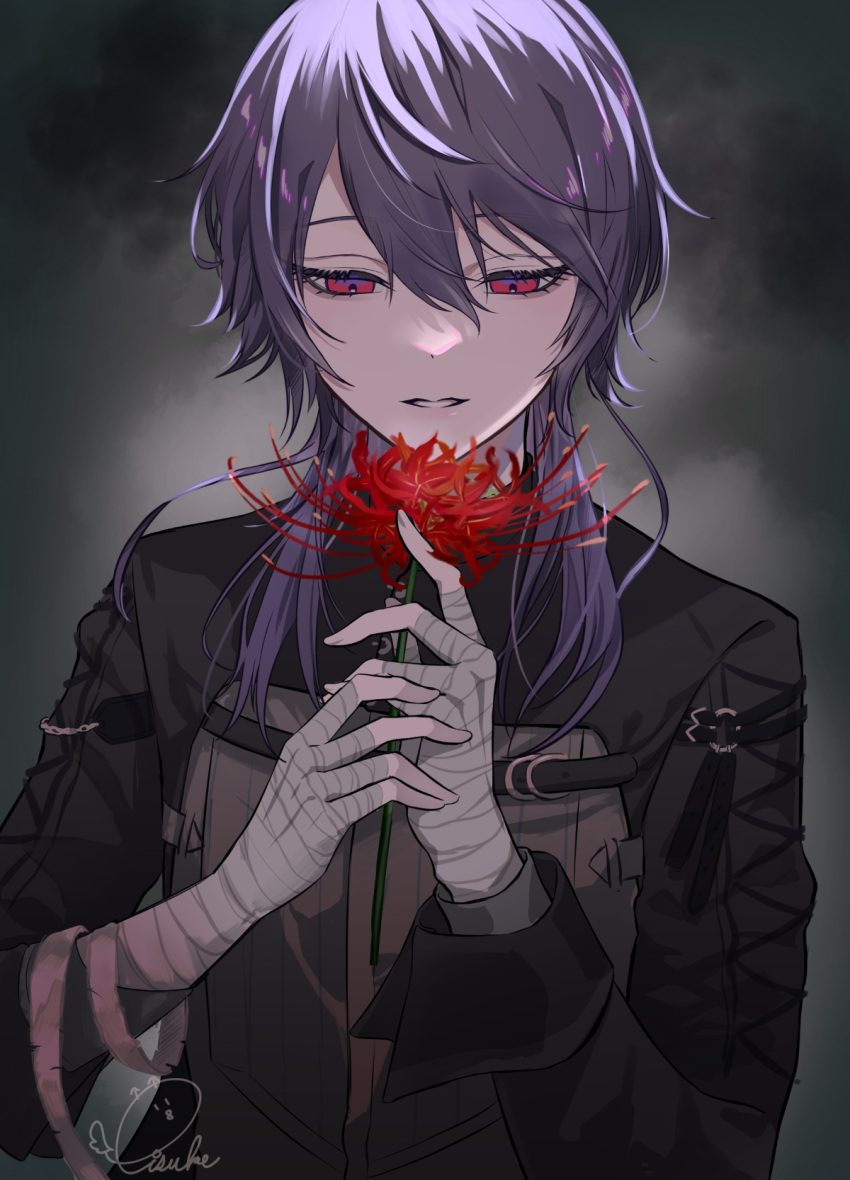 1boy bandaged_arm bandaged_hand bandages commentary_request facing_viewer flower grey_background grey_hair grey_jacket hair_between_eyes hair_over_shoulder hands_up highres holding holding_flower jacket kenmochi_touya long_hair looking_down male_focus nijisanji parted_lips red_eyes red_flower signature snowlight_candy solo spider_lily teeth tsurime upper_body virtual_youtuber