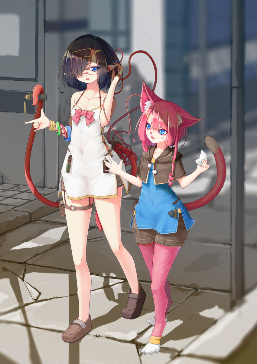 2girls animal_ears black_hair blue_dress blue_eyes bow breasts brown_capelet brown_footwear capelet cat_ears cat_girl cat_tail covered_navel digitigrade dress flat_chest glasses hair_ornament hair_over_one_eye hairclip height_difference highres hood kearful multiple_bracelets multiple_girls original pink_bow pink_fur pom_pom_(clothes) short_dress short_hair short_hair_with_long_locks short_shorts shorts side_slit small_breasts tail tentacles test_tube thigh_strap whiskers white_dress