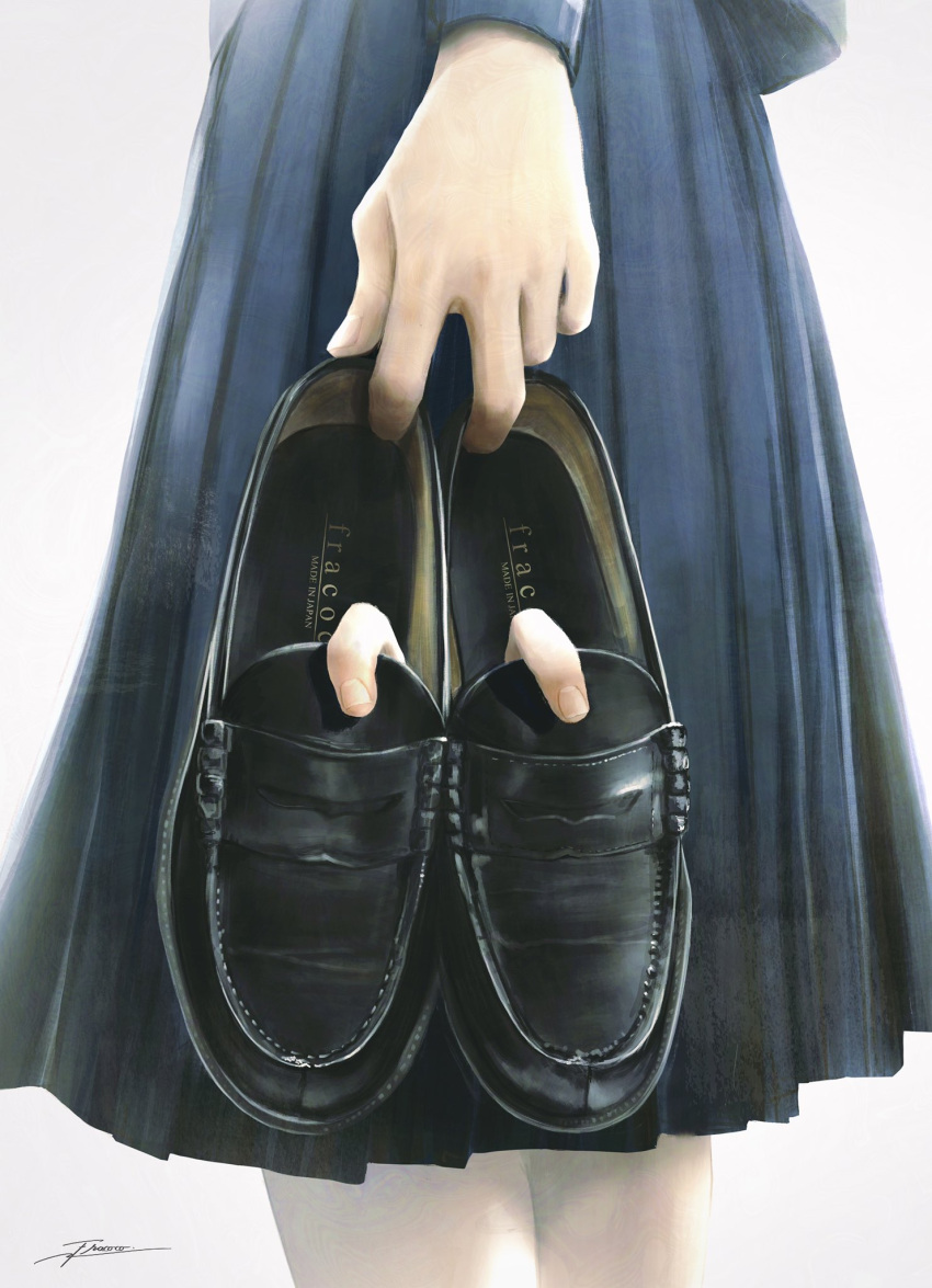 1girl 1other blue_skirt close-up feet_out_of_frame fingers fracoco highres holding holding_shoes horror_(theme) long_sleeves original pleated_skirt shoes signature simple_background skirt white_background