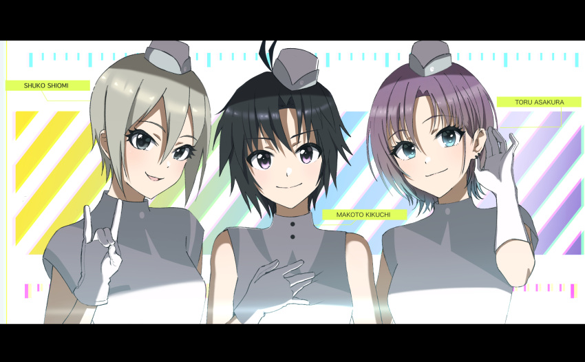 3girls antenna_hair asakura_toru bare_shoulders black_eyes black_hair blue_eyes blue_hair blush breasts brown_hair character_name closed_mouth dot_nose dress earrings elbow_gloves fox_shadow_puppet garrison_cap gloves gradient_hair grey_dress grey_hair grey_headwear hair_between_eyes hand_up hat highres idolmaster idolmaster_(classic) idolmaster_cinderella_girls idolmaster_cinderella_girls_starlight_stage idolmaster_million_live! idolmaster_million_live!_theater_days idolmaster_shiny_colors jewelry kikuchi_makoto letterboxed looking_at_viewer medium_breasts multicolored_background multicolored_hair multiple_girls open_mouth parted_bangs shiomi_syuko short_hair short_sleeves sleeveless sleeveless_dress small_breasts smile upper_body violet_eyes vivid_(key) voy@ger_(idolmaster) white_gloves