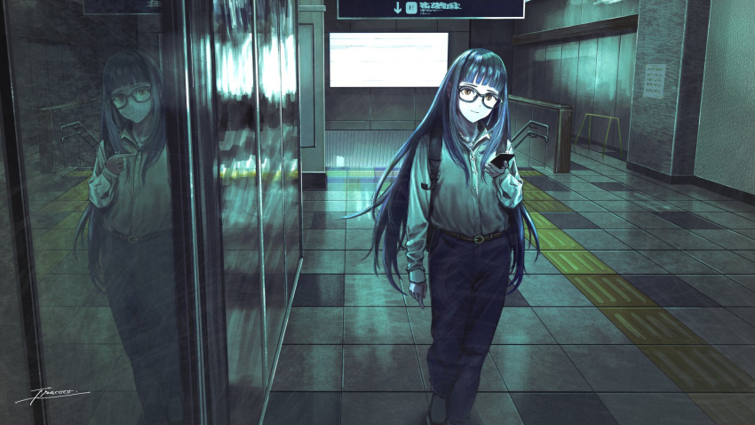 1girl backpack bag blue_hair blue_pants brown_eyes cellphone closed_mouth collared_shirt different_reflection dress_shirt foot_out_of_frame fracoco glasses highres holding holding_phone horror_(theme) indoors jewelry long_hair long_sleeves looking_at_phone necklace original pants phone pointing reflection shirt sidelocks signature smartphone solo subway_station tile_floor tiles very_long_hair walking white_shirt