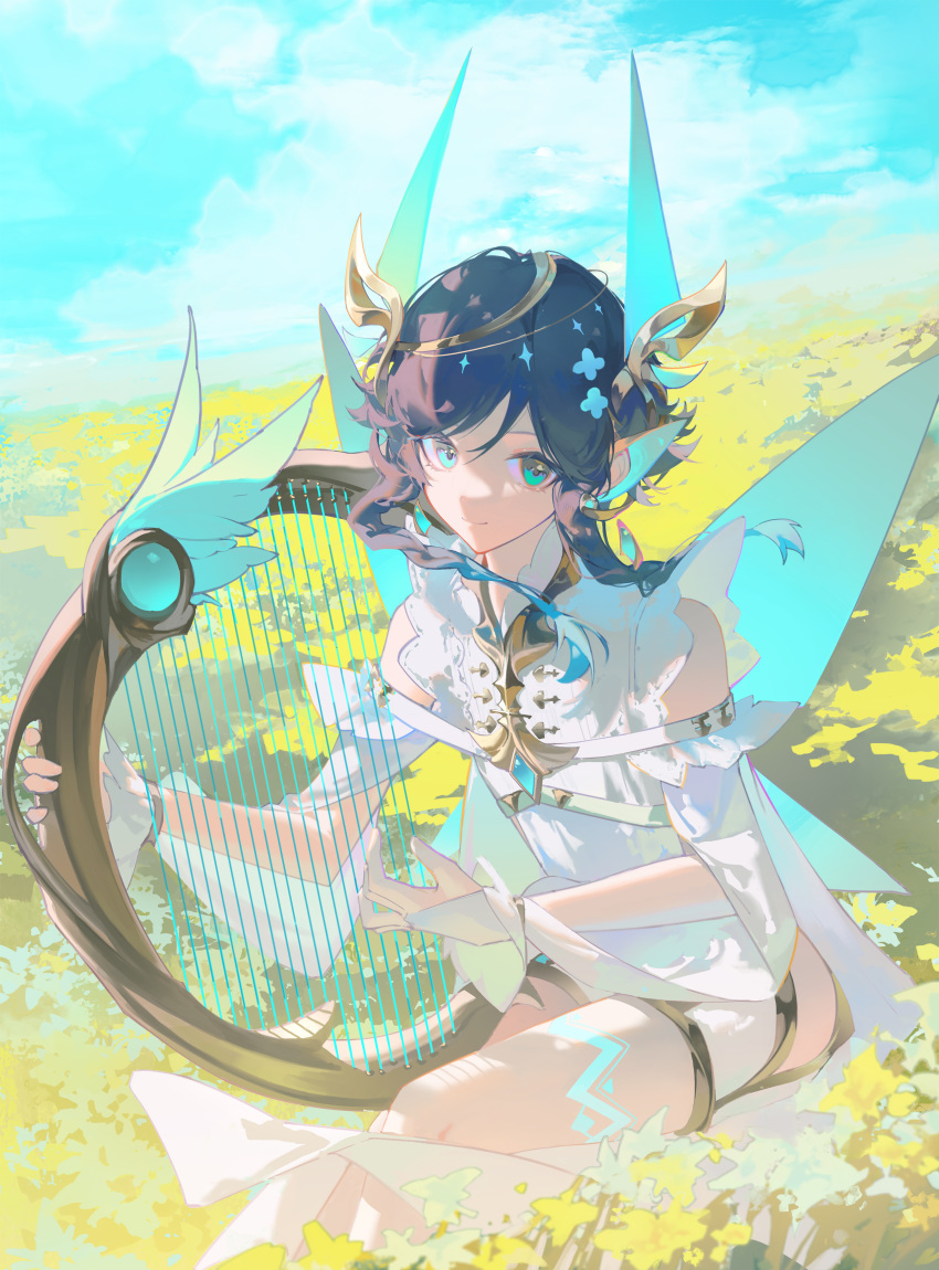 1boy absurdres alternate_costume ayanon_ite blue_eyes blue_wings braid butterfly_wings genshin_impact gradient_hair hair_ornament harp highres instrument looking_at_viewer male_focus multicolored_hair short_hair_with_long_locks sitting smile solo twin_braids venti_(genshin_impact) wings