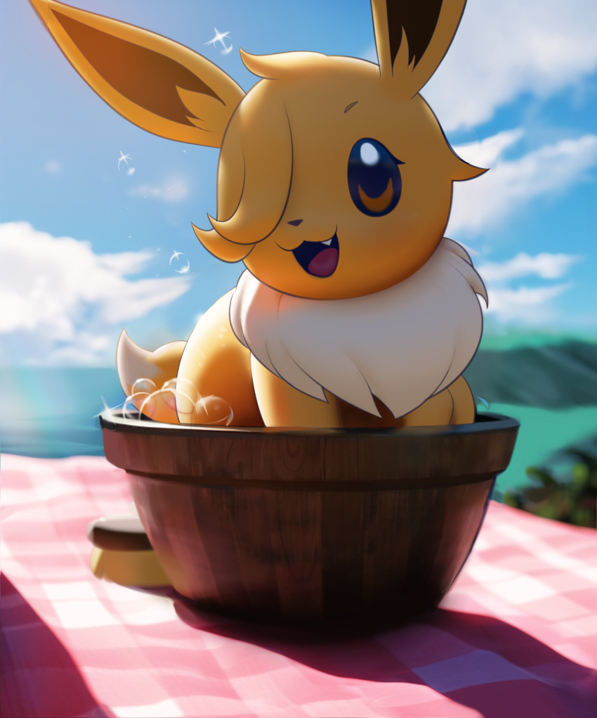 absurdres blue_sky bubble bucket clouds eevee hair_over_one_eye highres in_bucket in_container inkune no_humans open_mouth outdoors pokemon pokemon_(creature) sky solo tablecloth wooden_bucket