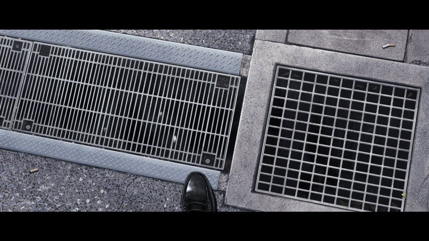 1other black_footwear cigarette_butt close-up commentary_request concrete drain_(object) fracoco grill highres letterboxed muted_color original outdoors scenery signature