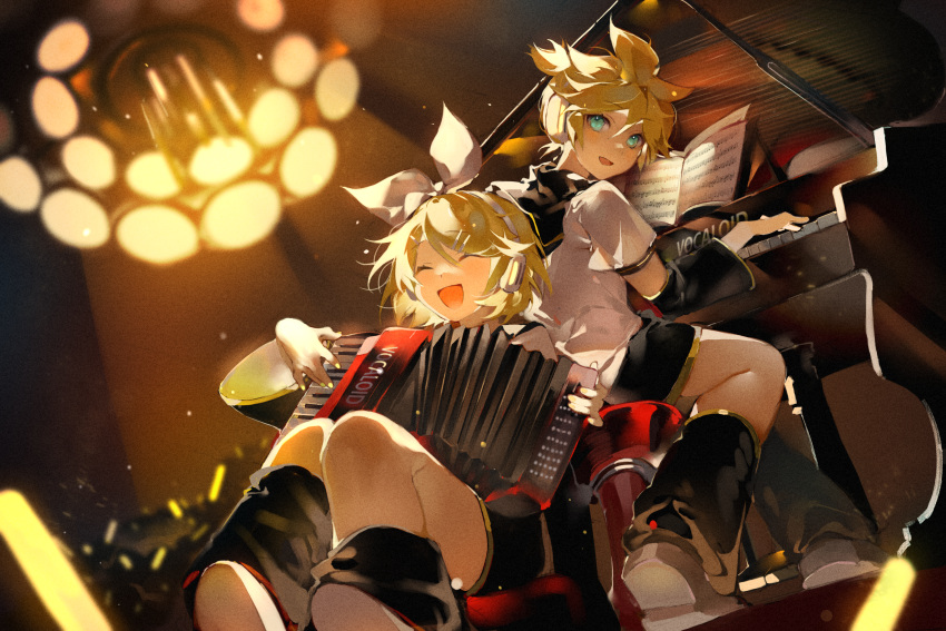 1boy 1girl aqua_eyes back-to-back black_sailor_collar blonde_hair blush candelabra candlestand closed_eyes concert glowstick hairband happy headphones highres instrument kagamine_len kagamine_rin looking_at_viewer multiple_hairpins music nail_polish on_floor open_mouth piano playing_instrument playing_piano ribbon sailor_collar sheet_music short_hair shu_(pjxv7485) sidelighting sitting smile vocaloid white_ribbon