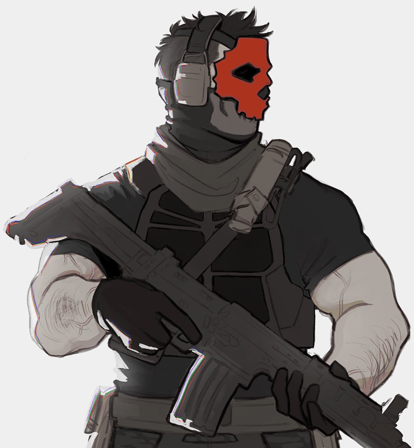 1boy alternate_costume arm_hair bulletproof_vest call_of_duty call_of_duty:_modern_warfare_2 cowboy_shot gun headphones highres looking_to_the_side male_focus mohawk muscular muscular_male red_mask rifle short_hair soap_(modern_warfare_2) solo veins veiny_arms weapon weapon_request yuli_(bbgyz44)