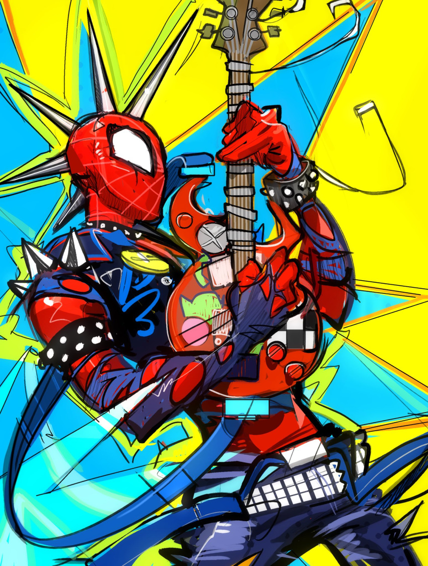 1boy belt cutiicosmo electric_guitar formal guitar highres holding holding_instrument instrument marvel mask music playing_instrument solo spider-man:_across_the_spider-verse spider-man_(series) spider-punk spikes suit vest