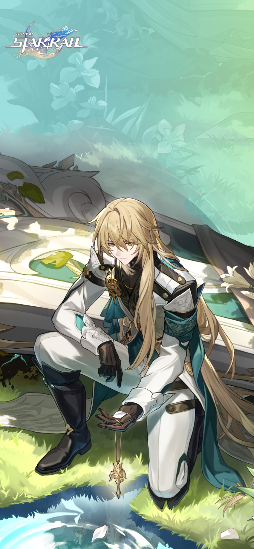 1boy absurdres androgynous black_footwear black_gloves black_shirt blonde_hair chinese_clothes closed_mouth coat coffin cross english_commentary flower gloves grass green_background green_eyes hair_between_eyes highres holding holding_jewelry holding_necklace honkai:_star_rail honkai_(series) jewelry kneeling leaf logo long_hair long_sleeves luocha_(honkai:_star_rail) male_focus necklace official_art official_wallpaper on_floor pants pond shirt simple_background solo white_coat white_flower white_pants