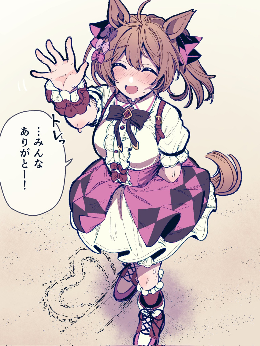 1girl ^_^ animal_ears arm_behind_back arm_up blush bobby_socks bow bowtie breasts brown_hair center_frills closed_eyes collared_shirt facing_viewer frills hair_bow heart high_tops highres horse_ears horse_girl horse_tail messy_hair open_mouth pink_skirt satomachi shirt shoes short_hair skirt small_breasts smart_falcon_(umamusume) smile sneakers socks solo speech_bubble standing suspender_skirt suspenders sweat tail translated twintails umamusume waving white_shirt