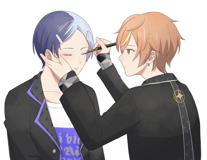 2boys aoyagi_touya applying_makeup blonde_hair blue_hair closed_eyes closed_mouth commentary_request dark_blue_hair earrings fingernails green_eyes hair_ornament hairclip hand_on_another's_face highres holding hoop_earrings jacket jewelry lapels long_sleeves looking_at_another male_focus multicolored_hair multiple_boys notched_lapels open_clothes open_jacket orange_hair project_sekai shinonome_akito short_hair simple_background split-color_hair streaked_hair stud_earrings two-tone_hair upper_body white_background yk62