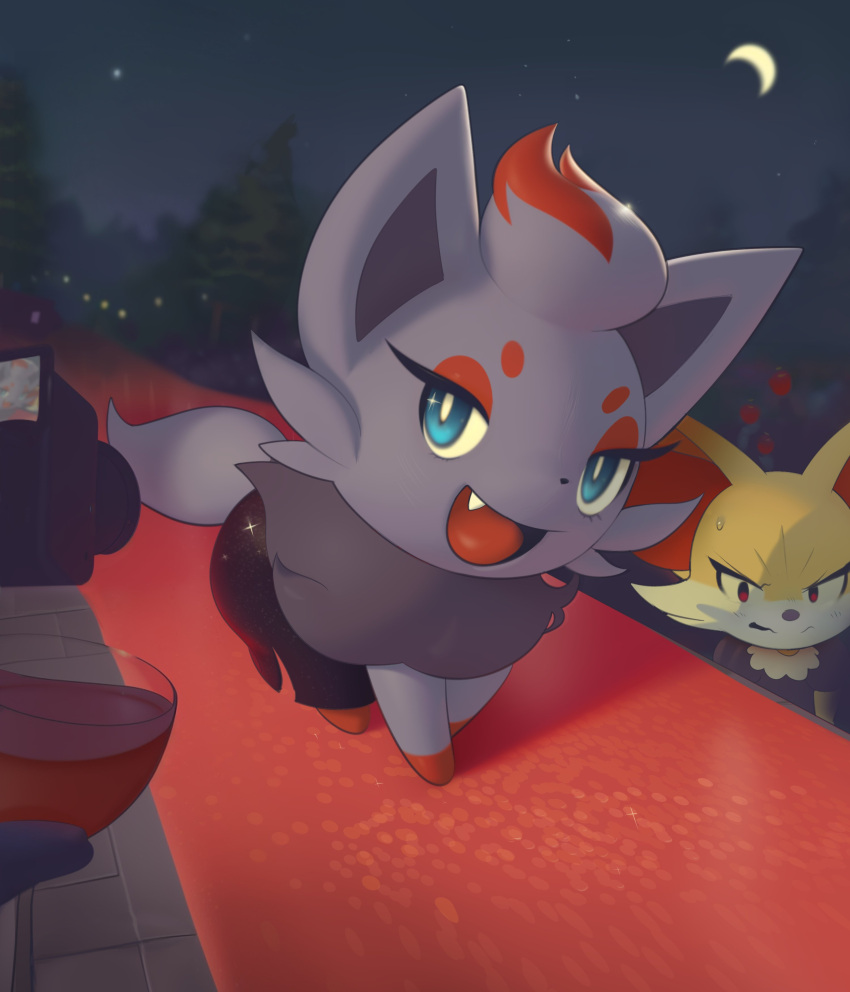 absurdres crescent_moon fang fennekin highres inkune looking_at_viewer moon night night_sky no_humans open_mouth outdoors pokemon pokemon_(creature) red_carpet sky tree zorua